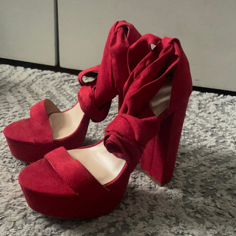 Never worn red tie up heels